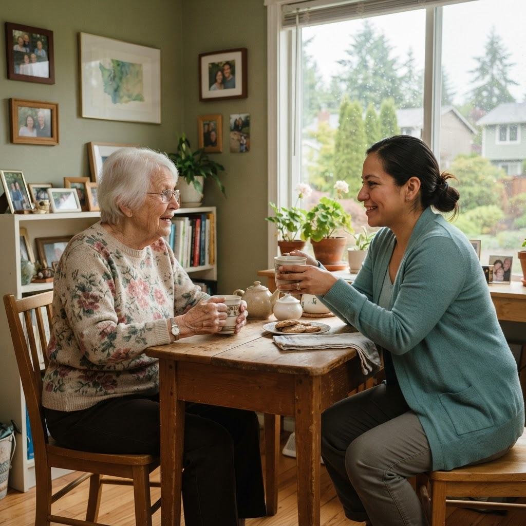 A caregiver listening to a resident at home