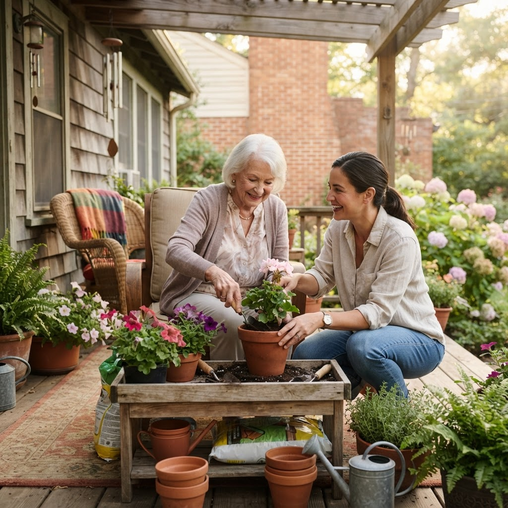 A caregiver and resident spending time together in a garden at home